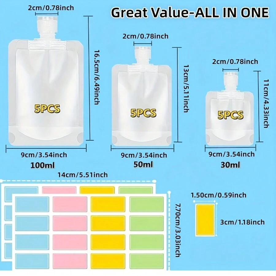 17pcs/Set [15 Pack Travel Pouches +2pcs Label Paper For Toiletries], TSA Approved, Travel Size Portable Containers, Stand Up Pouch, Refillable Travel Accessories For Shampoo Conditioner Lotion Soap Liquids