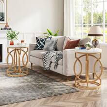 Tribesigns Modern Round Side Table With Thick Wooden Top, 20" Cocktail Table With Unique O-Shaped Base, Mid-Century Nightstand For Living Room And Bedroom - White & Gold - View 6