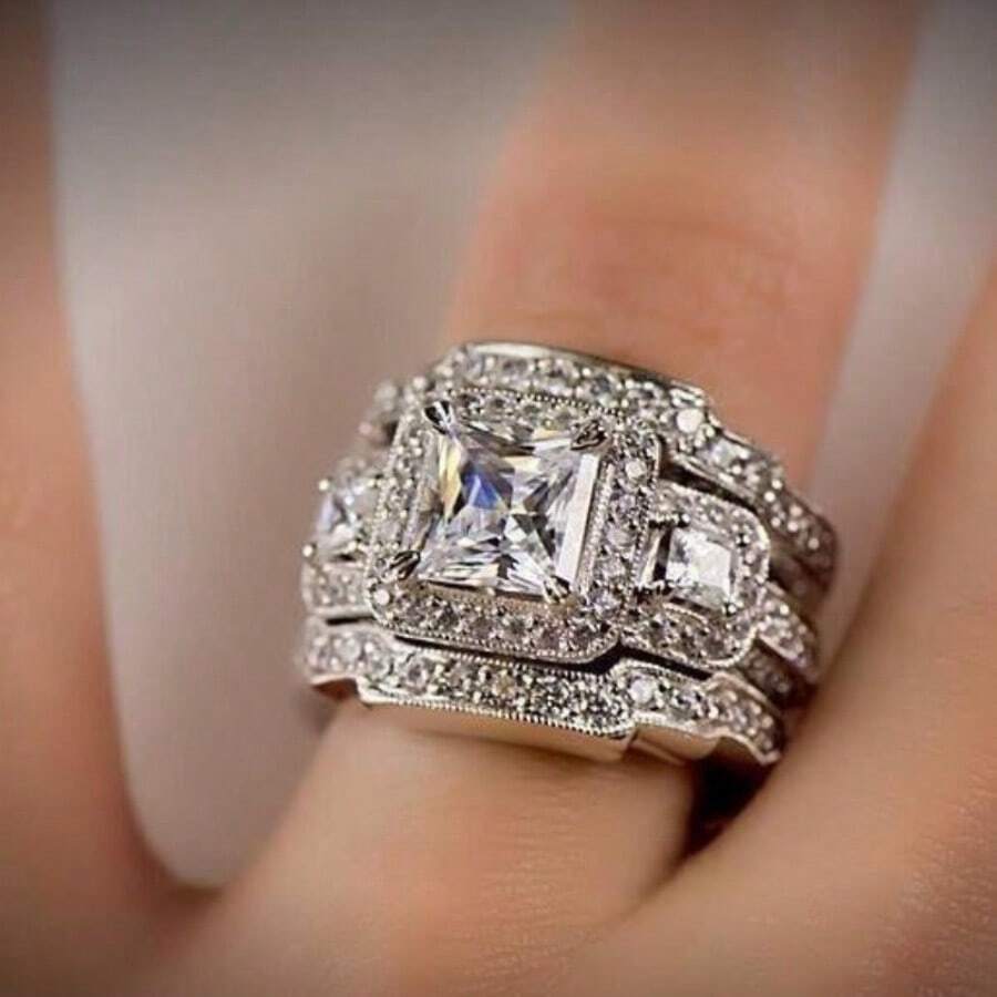 3 piezas/Set de anillos de promesa de lujo y elegantes con circonita cúbica plateada, juego de joyas de compromiso/boda brillantes y elegantes para regalo de ella, conjunto de anillos de fiesta para damas - Plateado - Ver 1