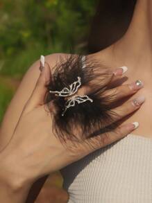 1 pieza Anillo abierto con diseño de mariposa con pluma blanca angelical y strass, estilo nupcial