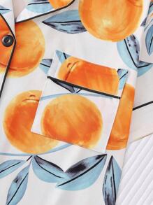 2pcs Fruit Peach Print Lounge Wear Set For Women, Comfortable Collared Short Sleeve Top And Loose Shorts, Beautiful Stylish Sleepwear And Homewear For Spring & Summer, Holidays, Parties, Casual All Season Outdoor And Indoor - Orange - View 5