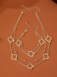 1set Hollow Floral Chain Necklace And Bracelet, Elegant And Stylish Jewelry Set - Yellow Gold - View 6