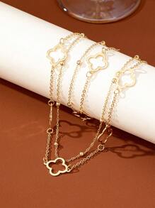 1set Hollow Floral Chain Necklace And Bracelet, Elegant And Stylish Jewelry Set - Yellow Gold - View 5