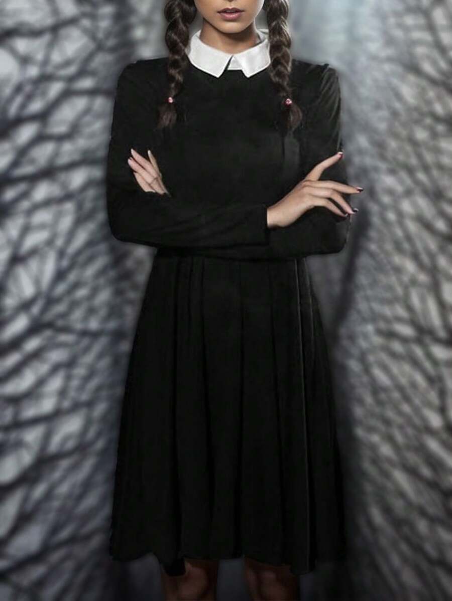 Halloween Cosplay Contrast Color A-Line Long Sleeve Dress, Fashionable And Versatile For Outdoor, Evening Date - Black - View 1