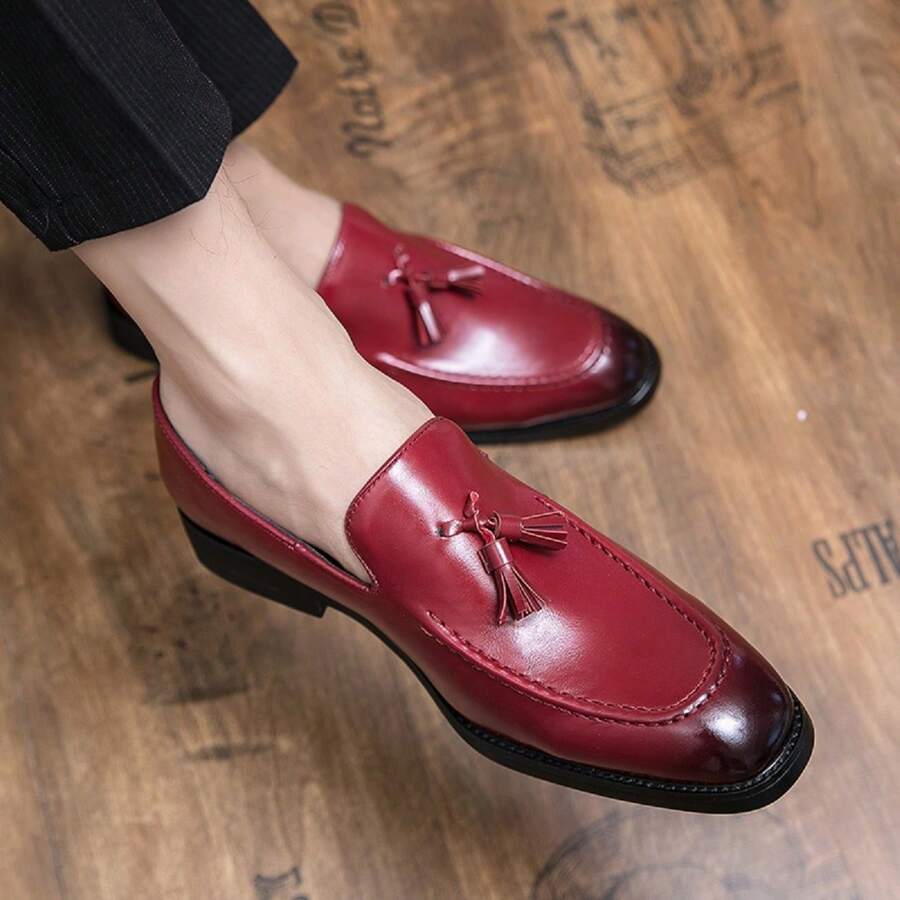 Men's Tassel Slip-On Loafers, Red Moccasin Shoes For Wedding Party Formal Business Casual Office Dress