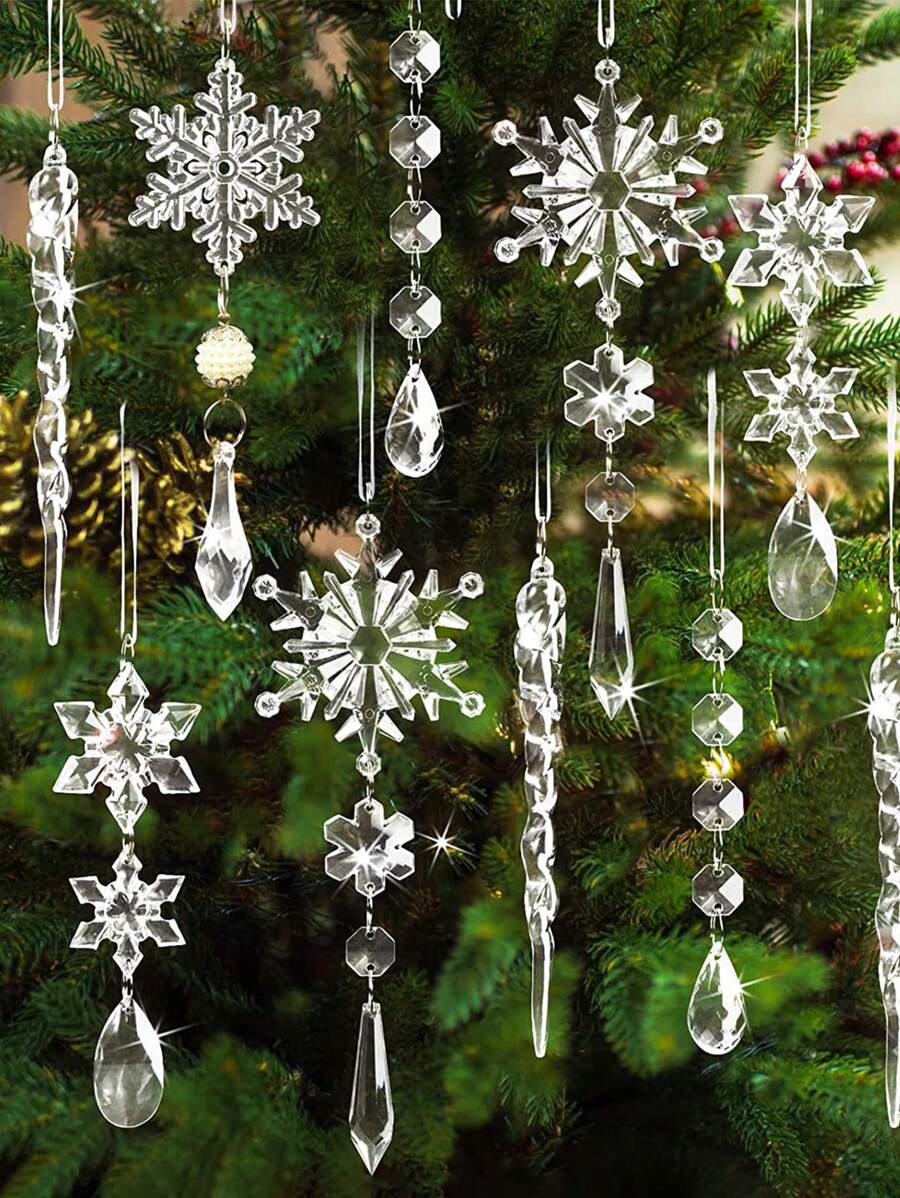 10 piezas/paquete Juego de decoración navideña de acrílico en forma de carámbano y copo de nieve - transparente - Ver 1