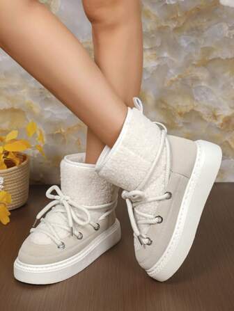 Women's Mid-Calf Boots, Fashion Lace-Up Warm Snow Boots For Winter