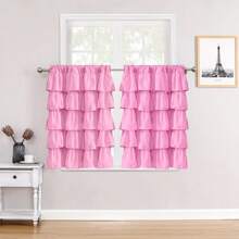 2pcs Ruffle Edge Thickened Small Curtains Tiers, Soft Washable Polyester Fiber Cafe Curtain, Window Small Curtains For Kitchen Office Home Decor - Pink - View 2