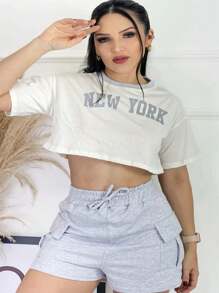 Women's Sweatshirt Shorts And Cropped Loose Blouse Bare Belly Mid Season - 灰色 - 查看 1