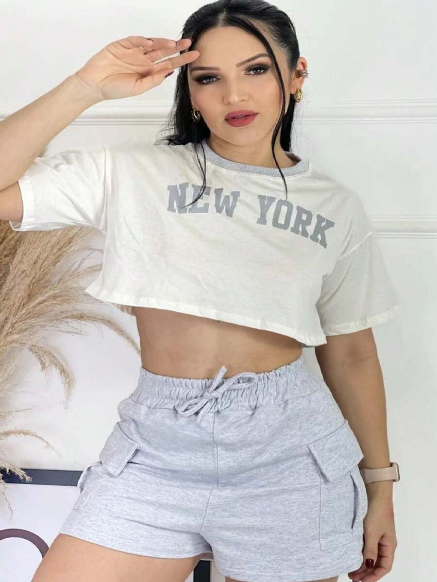 Women's Sweatshirt Shorts And Cropped Loose Blouse Bare Belly Mid Season - 灰色 - 查看 1