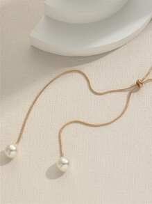 1pc Adjustable Sliding Buckle Elegant Minimalist Vintage Inspired Faux Pearl Long Necklace, Adjustable Design, Unique, Simplistic Choker Necklace Suitable For Work And Commute - Gold - View 4