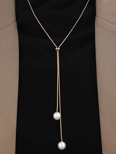 1pc Adjustable Sliding Buckle Elegant Minimalist Vintage Inspired Faux Pearl Long Necklace, Adjustable Design, Unique, Simplistic Choker Necklace Suitable For Work And Commute