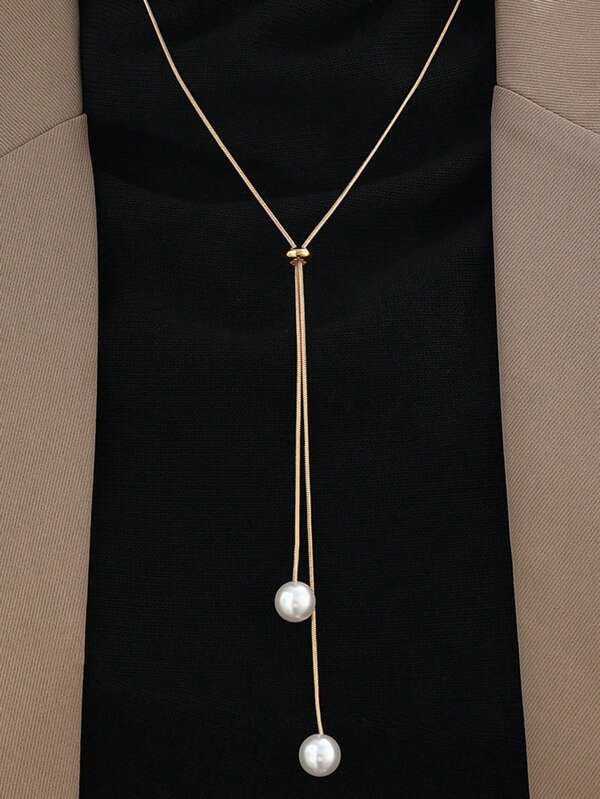 1pc Adjustable Faux Pearl Decor Long Necklace, Minimalist Collarbone Chain