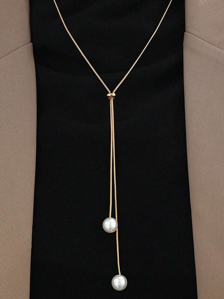1pc Adjustable Sliding Buckle Elegant Minimalist Vintage Inspired Faux Pearl Long Necklace, Adjustable Design, Unique, Simplistic Choker Necklace Suitable For Work And Commute - Gold - View 1