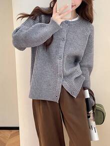 Women Casual Elegant Knitted Cardigan - Grey - View 3