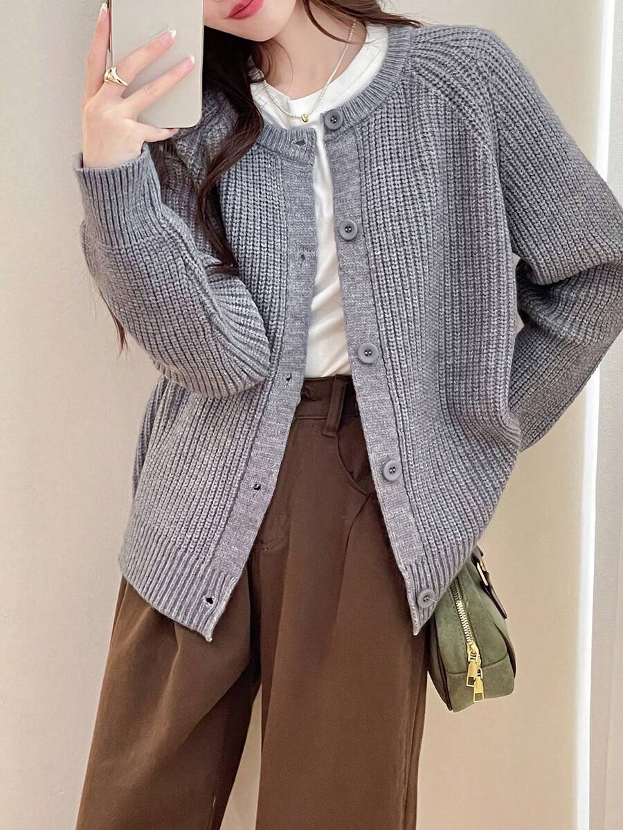 Women Casual Elegant Knitted Cardigan - Grey - View 1
