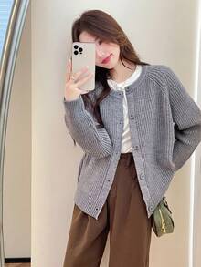 Women Casual Elegant Knitted Cardigan - Grey - View 5