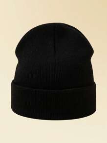 1pc Unisex Outdoor Warm Solid Color Knitted Beanie Hat, Versatile Daily Wear Fall Outfit - Black - View 3