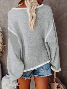 全新流行女式休闲时尚撞色边缘宽松圆领毛衣套头衫