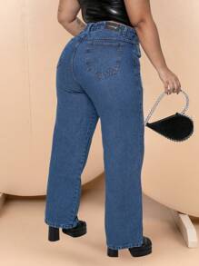 Plus Size Women's Jeans With Ripped Details High Waist Hem - 藍色 - 查看 2