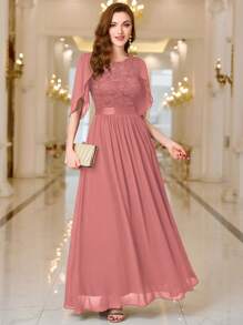 MIUSOL Elegantes formelles Partykleid mit Blumen-Spitze, Volantärmeln und gefaltetem Saum - Altrosa - Übersicht 4