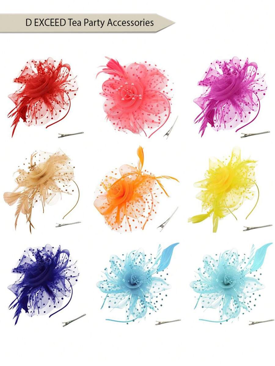 D EXCEED 1/4 件迷人帽子，带花朵网眼丝带羽毛，头带和夹子，适合女士茶会头饰，适合鸡尾酒教堂婚礼派对肯塔基赛马会