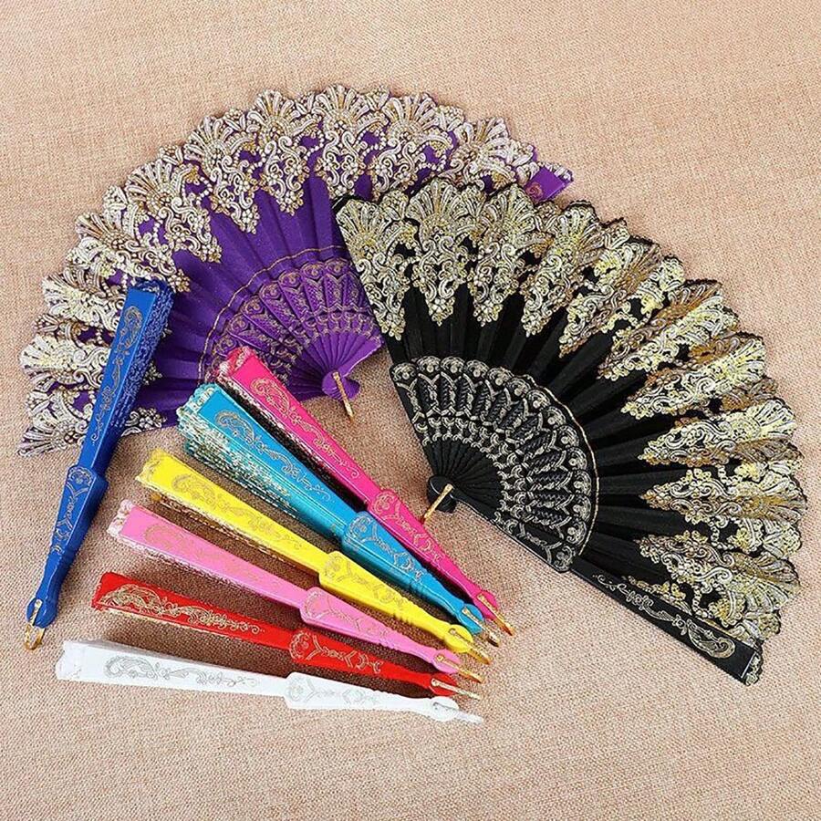 1pc Retro Pattern Elegant Polyester Hand Fan, Suitable For Casual/Party Use - Multicolor - View 1