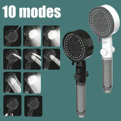 10种模式高压过滤淋浴喷头一键停止水流按摩浴室手持花洒便携式淋浴喷嘴浴室配件浴室工具