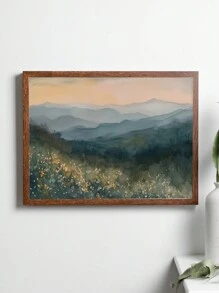 1 pieza Arte de impresión en lienzo de acuarela de montaña de humo y flor de primavera - Póster de paisaje de bosque sin marco, adecuado para decoración del hogar u oficina