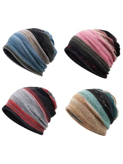 1 件简约休闲条纹提花针织帽，温暖的冬季面料，多功能适合户外活动和日常使用，多色可选秋季服装
