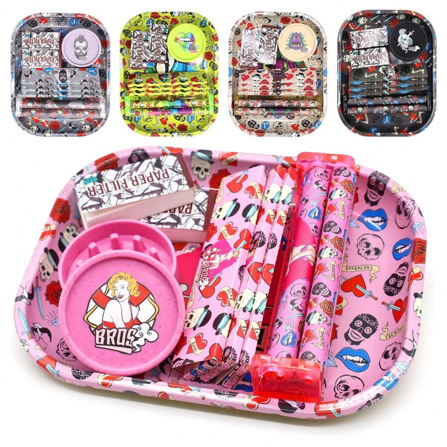 8pcs/Set,Pattern Style Rolling Tray Set With Grinder, 110mm Cigarette Paper Machine, 110mm Cigarette Paper, Filter Mouthpiece Paper, Household Gadgets, Holiday Gifts - 彩色 - 查看 1