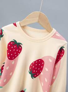 4pcs Young Girls Strawberry Fruit Print Long Sleeve Pajama Set, Cartoon Print Nightwear Set For Autumn And Winter
