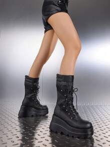 Women's Y2K Goth Cosplay Combat Boots Fashion Stylish Punk Rivet Buckle Platform Wedges High Heels Lace-Up Zip Mid Calf Boots - 黑色 - 查看 2