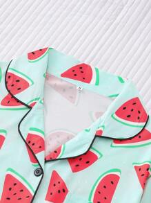 Marira Fruit Watermelon Printed Women's Pajama Set, Comfortable Turn-Down Collar Short Sleeve Top And Loose Shorts, Casual All-Season Women's Sleepwear And Homewear - Mint Green - View 3