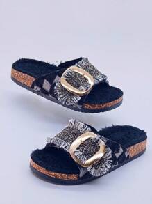 roulvxiang Nouvelles arrivées Mules à semelle épaisse pour femmes, avec strass pailleté, faux grain de bois, coussin moelleux, sandales de glissement casual d'intérieur/extérieur - Noir - Voir 2
