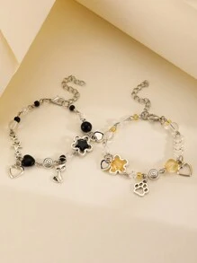2pcs/Set Couple Beaded Bracelets With Heart, Star, Moon And Sun Charms, Gift Idea For Lovers - Sun and Moon - View 7