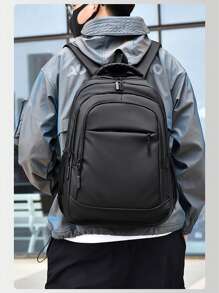 1 件防水耐磨男士大容量背包，旅行书包，学院，学校休闲背包纯色背包，运动度假必备，轻便可调节肩带，拉链 - 黑色 - 查看 5