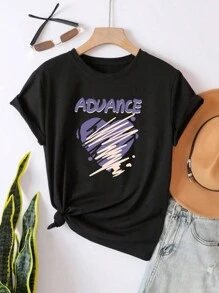 Camiseta de mujer con estampado de fuente inglesa y garabato de corazón Suelta Casual Manga Corta Top - Negro - Ver 3