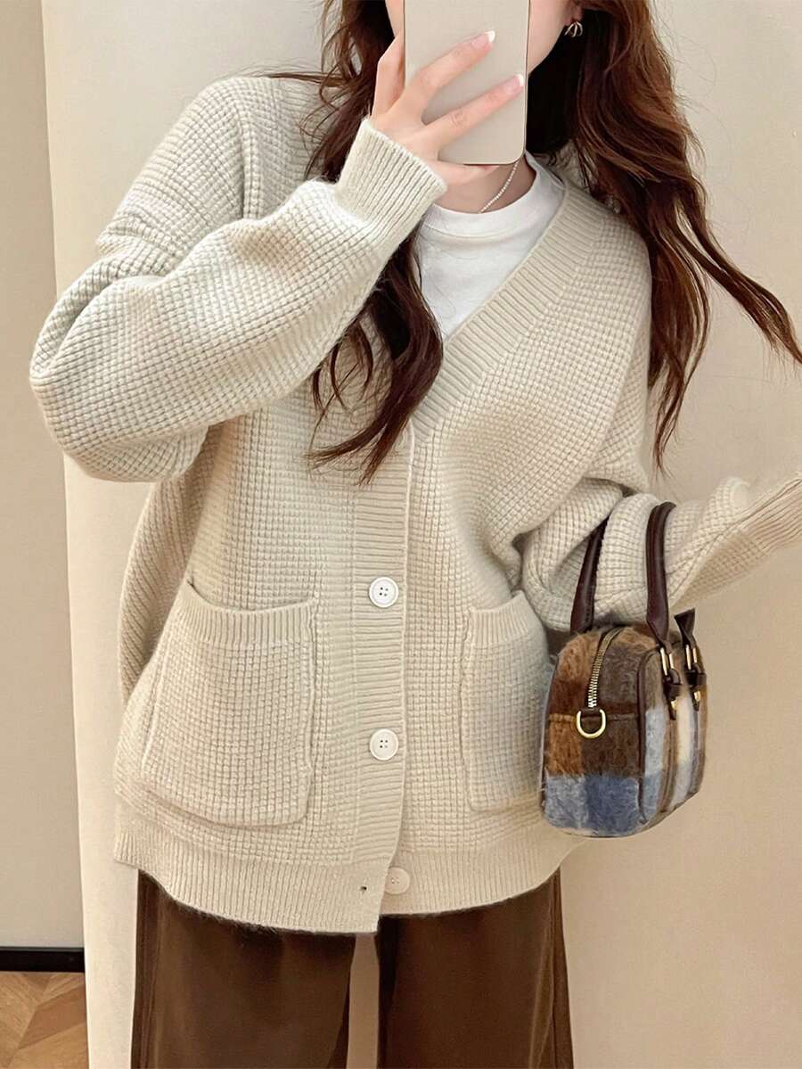 Women Simple Casual Knitted Cardigan - Beige - View 1