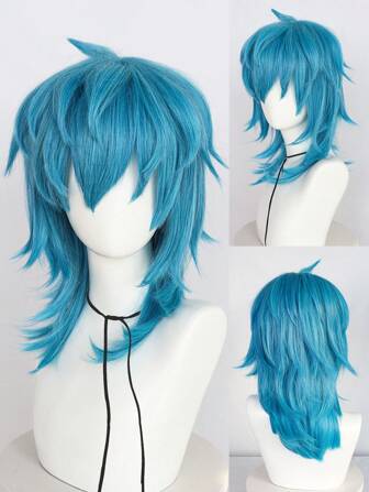 Women Game Wig Costume Party Wigs For Men Medium Length Layered Straight Synthetic Heat Resistant Fibre Fluffy Hair Blue Wig With Bangs For Christmas Decorations