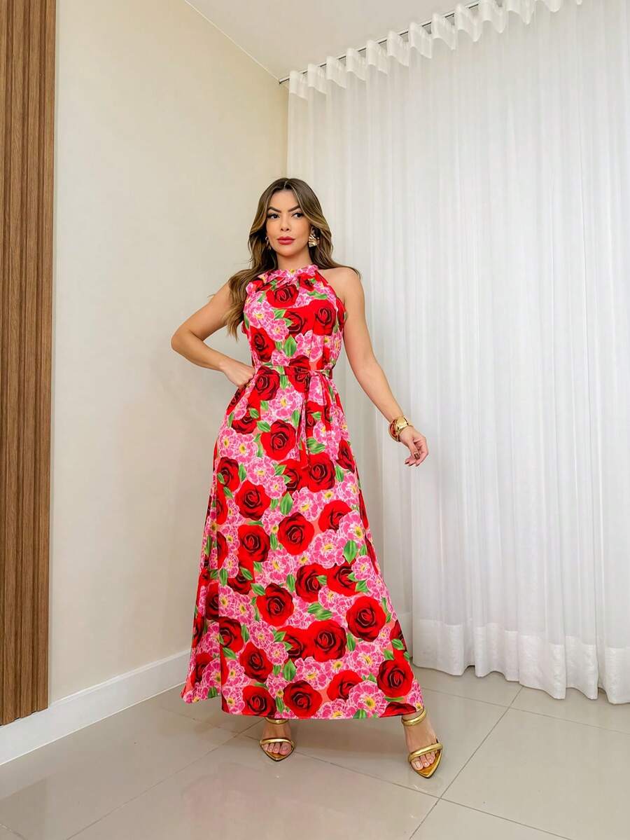 Long Print Crepp Dress - Đỏ - Xem 1