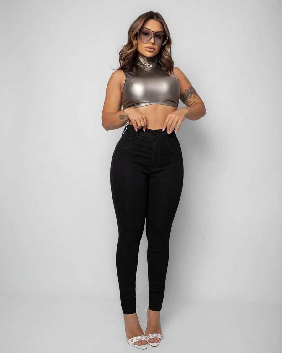 Black High Waist Jeans With Spandex - màu đen - Xem 1