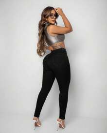 Black High Waist Jeans With Spandex - màu đen - Xem 4