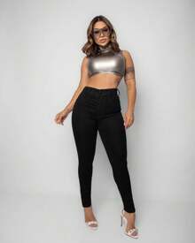 Black High Waist Jeans With Spandex - màu đen - Xem 3
