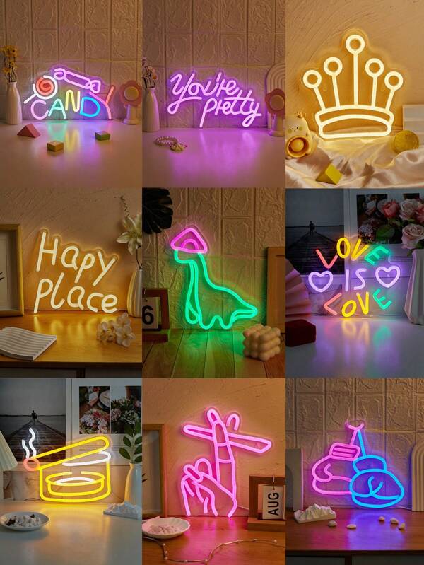 CHI-BUY 1pc Novelty Lighting LED Neon Sign - Candy, "You're Pretty" In Pink, Crown In Warm White, "Happy Place" In Warm White, Dinosaur, LOVE With Heart, Ashtray, Fist In Soft Pink, LED Neon Sign, Indoor Wedding Party Decor Wall Decoration, 5V USB Powered Bedroom, Living Room Neon Sign