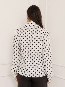 LAN FASHION Women's Polka Dot Dress Shirt Long Sleeve Crepe Fabric - White - View 3