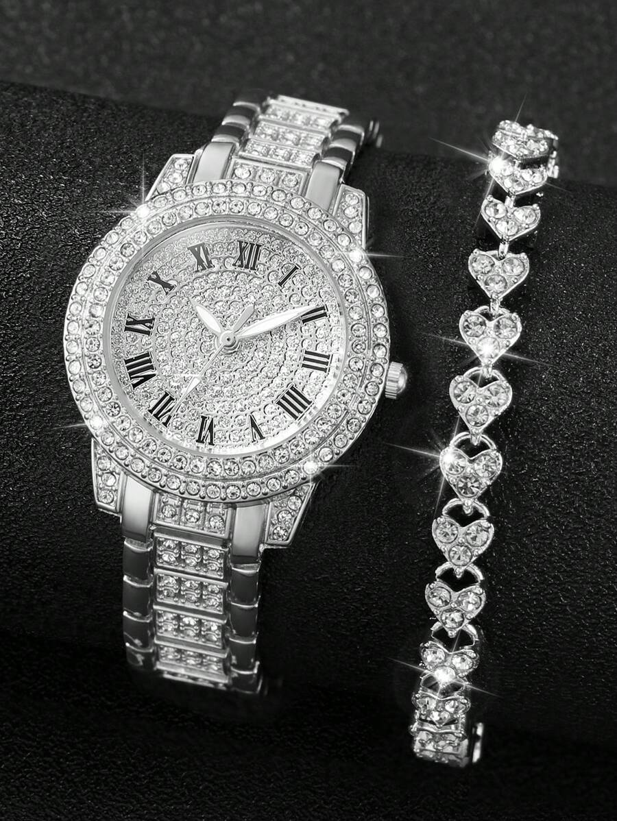 2pcs/Set Women Quartz Watch With Steel Strap & Crystal Dial + Rhinestone Heart Bracelet Valentines - Silver - View 1
