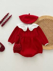 Barboteuse à col volant en tricot pour bébé fille nouveau-né, tenue d'automne hiver noël