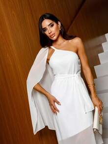 Women's Solid Color One-Sleeve Removable Cape Dress With Asymmetrical Hem - 白色 - 查看 6