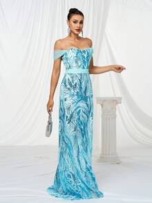 Mesh Contrast Sequined Bodycon Cocktail Dress - Blue - View 2